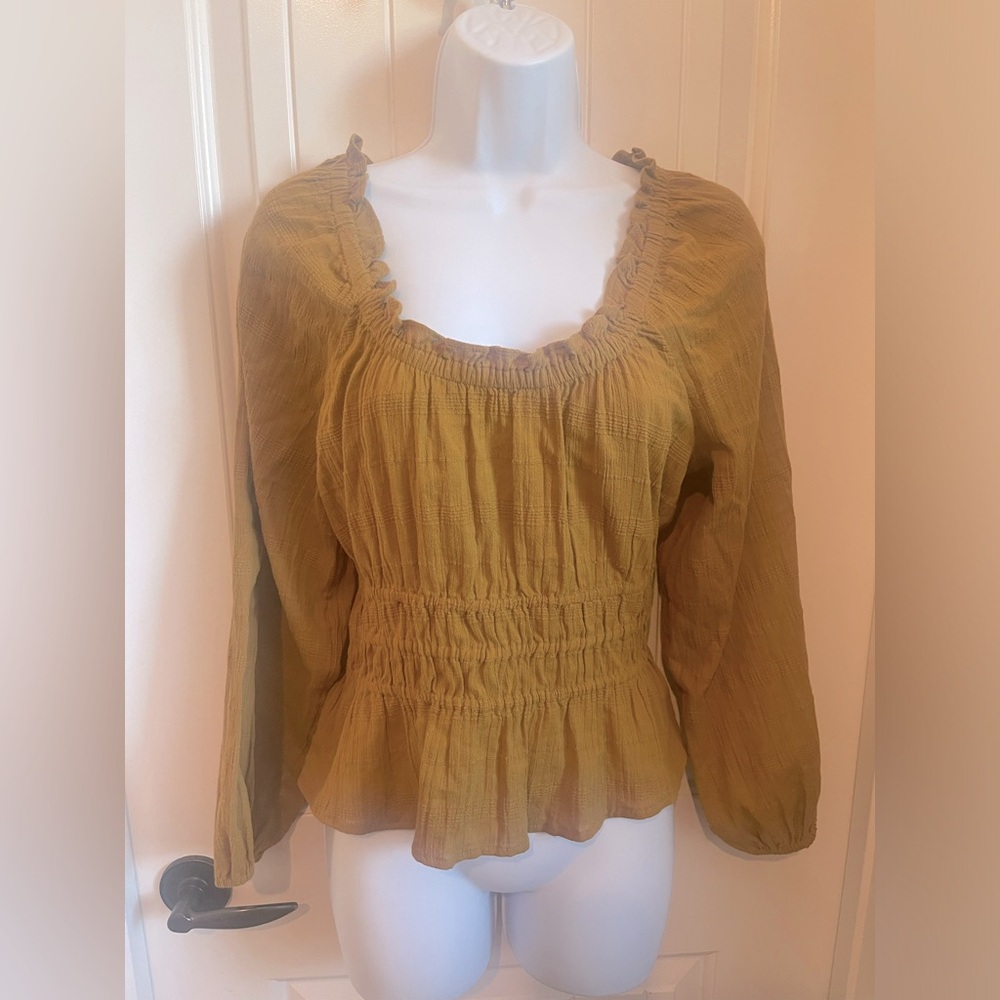 Sophia Top in Textured Gold Plaid w/Smocked Waist and Long Peasant Sleeves, Med